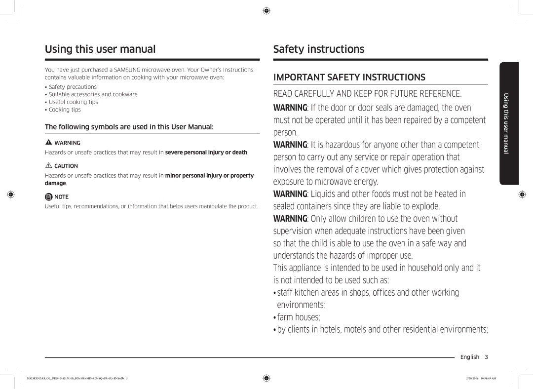 Samsung MS23K3513AK/EG, MS23K3513AK/OL manual Safety instructions, English  